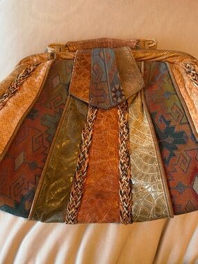 Vintage 1980s-1990s Samir Boho Patchwork Leather & Woven Tote